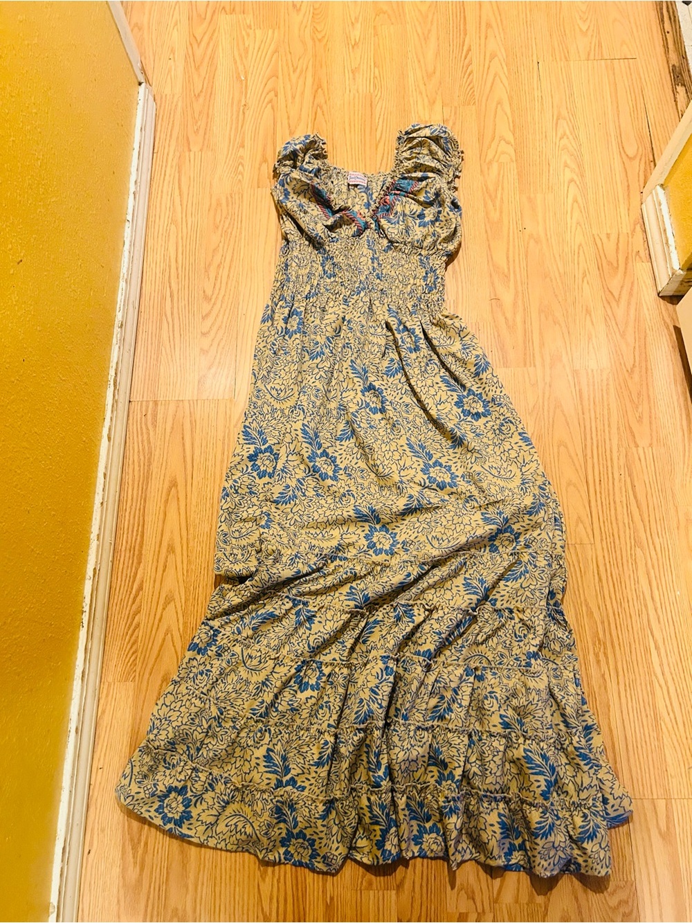 Blue Floral Maxi Dress - Boho Ruffle Sundress sz OS